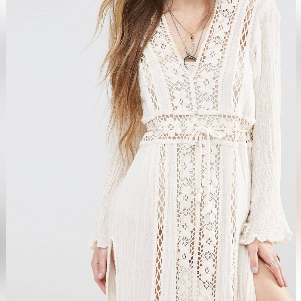 Jen’s Pirate‎ Booty Women’s Gauzy Crinkle Crochet Knit Cream Maxi Duster Sheer - Picture 3 of 14